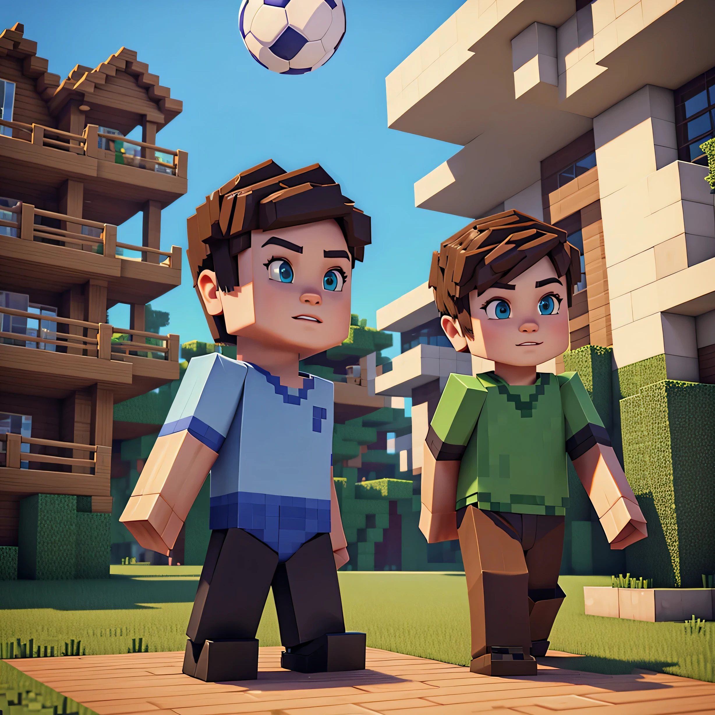 boy in minecraft style, everything in the scene is minecraft, boy playing football, other boys behind, with uniform.
​
