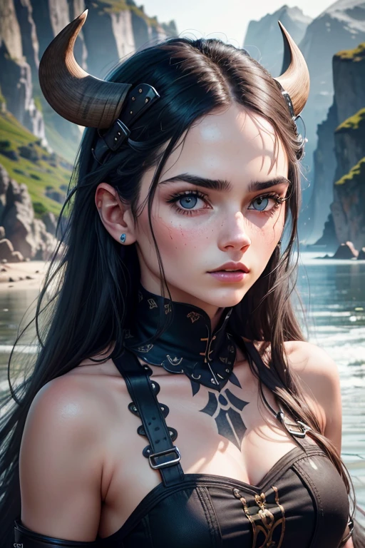 obra maestra, 20 year old Norwegian girl, cabello negro, cabello trenzado negro, pelo negro, pelo trenzado vikingo, (disfraz de guerrero vikingo:1.4), pechos medianos, blue-gray eyes, ojos muy detallados, very pale skin, gritando, detalles locos, Realista, cara detallada, Pintura facial, textura de piel detallada, brutal, difficult , determinado, ultra high resolution.photoRealista:1.4, HD, Toma de cuerpo completo, beautiful norwegian fjord early morning background, Soft lighting.