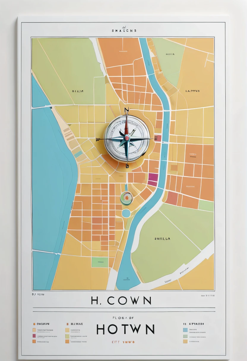 D city H town map hand drawn,simple lines，floor plan，Minimalism，lots of white space，color，direction label，compass