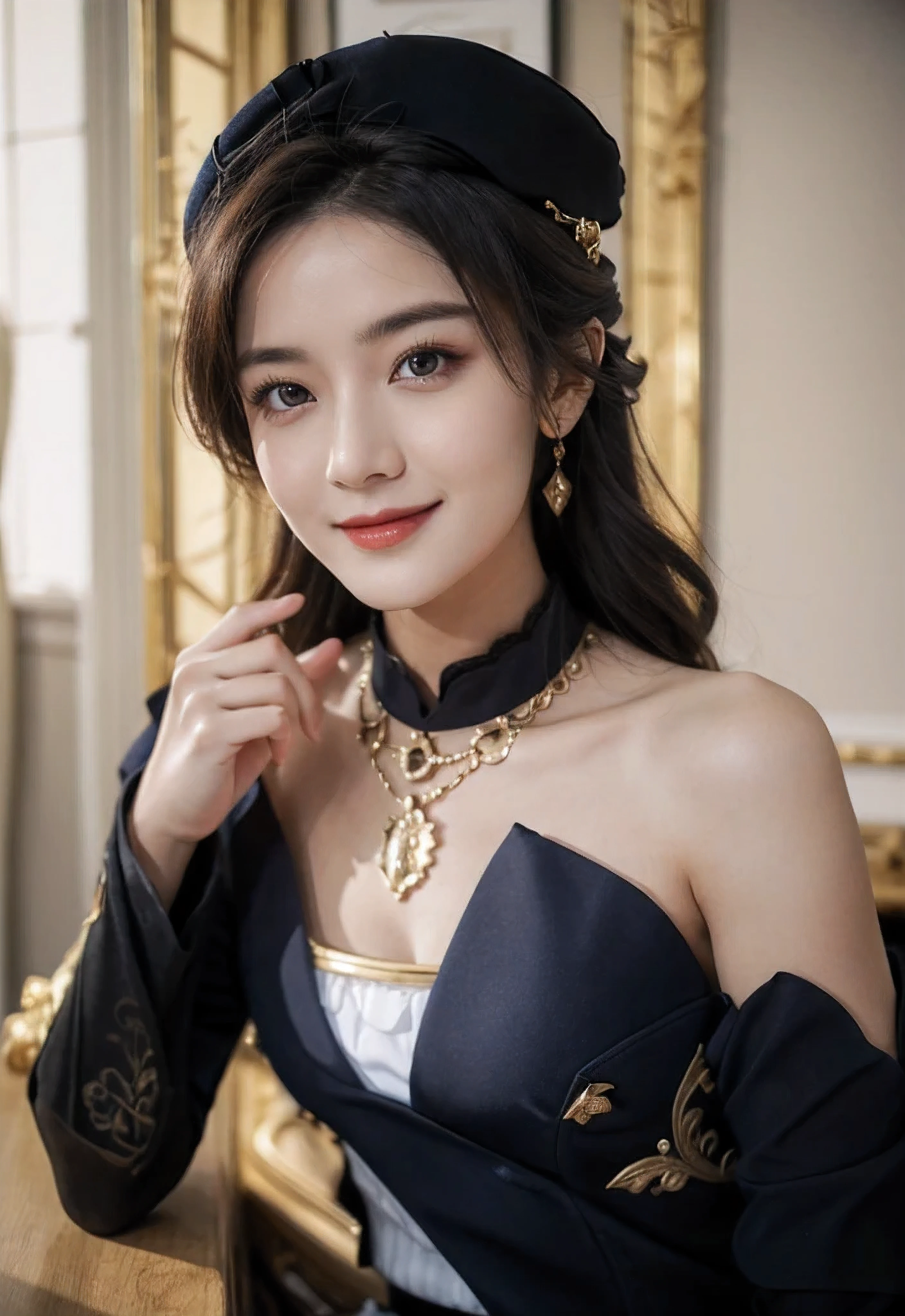 18-year-old girl, people portrait, (smile), (off shoulder), 
navia /(genshin impact/), (looking at viewer), (cleavage, breasts), blue diamond necklace, 
(ornate dress, a navy, white, and black bodice), sleeveless low-cut bodice, golden decorations, open back, extremely beautiful face, detailed face, detached sleeves, laced sleeves, very tight sleeves, muslin sleeves, white ruffles, navy bows on sleeves, off the shoulder puff trimmed with black lace, white ruffles and navy and yellow bows , long hair, curly hair, golden hair, blonde hair, tighter-fitting sleeves with golden decorations and blue stones, 
black and yellow long skirt, long train, open skirt at front, 
masterpiece, best quality,highres, 1girl, navia, black headwear, wariza, bare shoulders，sufficient light, 85mm, Canon, f/2.8, UHD,RAW,retina, masterpiece, ccurate, anatomically correct, textured skin, super detail, high details, high quality, award winning, best quality, highres, 8k,a girl,
 black thighhighs