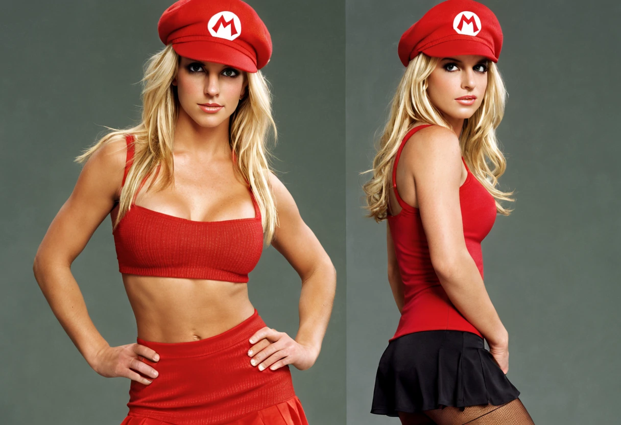 (Britney Spears:0.6) ((ohwx woman)) as super Mario, red hat, (tight cropped top and tight microskirt), (black pantyhose)1.4, fantasy, highly detailed, (sharp focus), photo by Tony Sart  randy vargas, (solo)1.5, (Super-Mario 2D sprites platform-game arcade background), Extremely high-resolution details, photographic, realism pushed to extreme, incredibly lifelike, (sharp focus)1.4