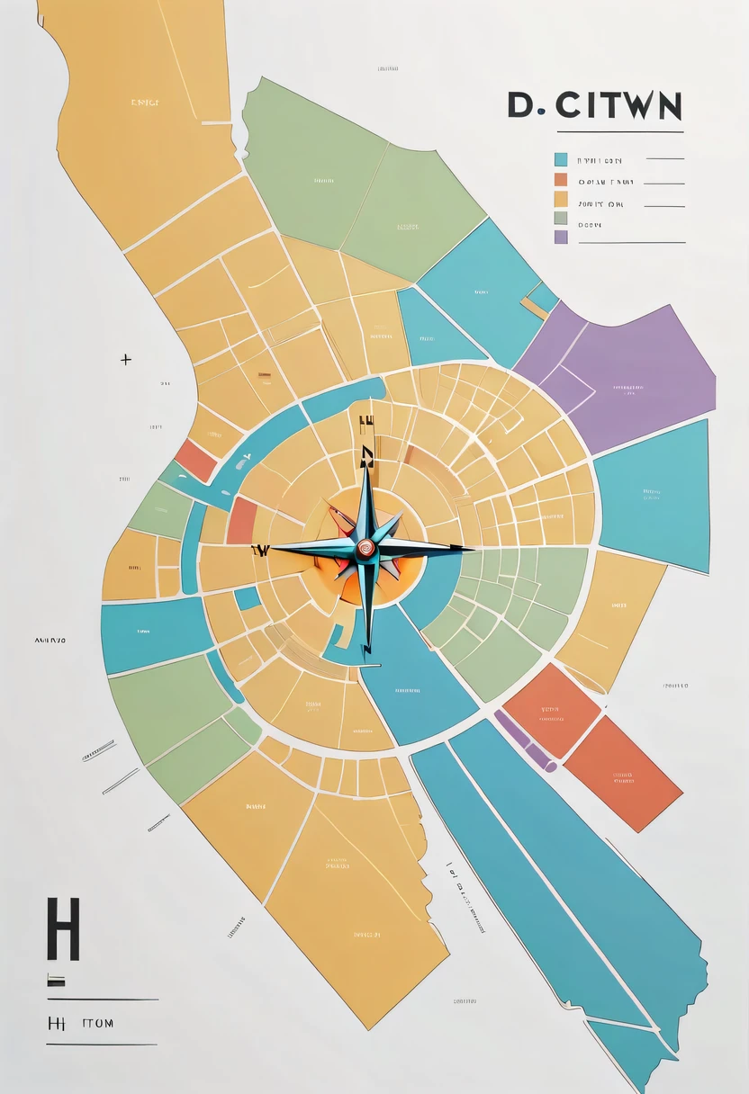 D city H town map hand drawn,simple lines,floor plan,Minimalism,lots of white space,color,direction label,compass