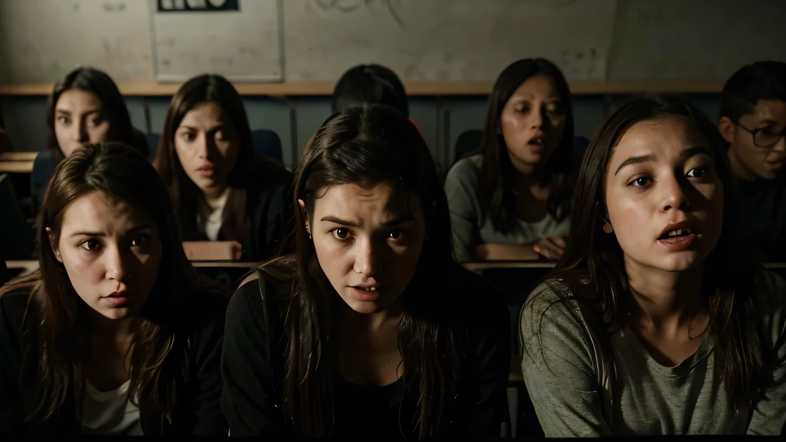 alunos assustados no canto da sala de aula, atmosfera de terror, cinematographic, Extremamente realista, Maravilhoso, 8k