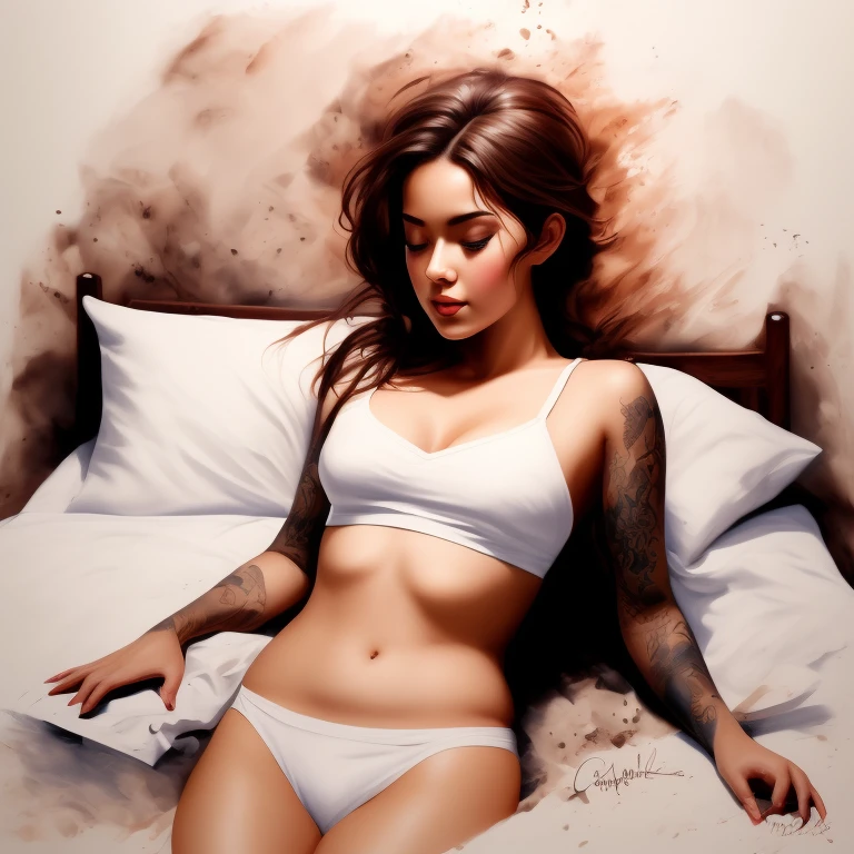 ((highest quality, 8K, chef-d'artwork: 1.3)), Sharpness: 1.2, Belle femme avec une silhouette parfaite: 1.4, tout le corps, abdominaux fins: 1.2, (((Dark brown hair, huge: 1.4)), camisole, jean: 1.1), lit: 1.2, Highly detailed face and skin texture, Beaux yeux, double eyelid, Dormez sur le dos, spread legs