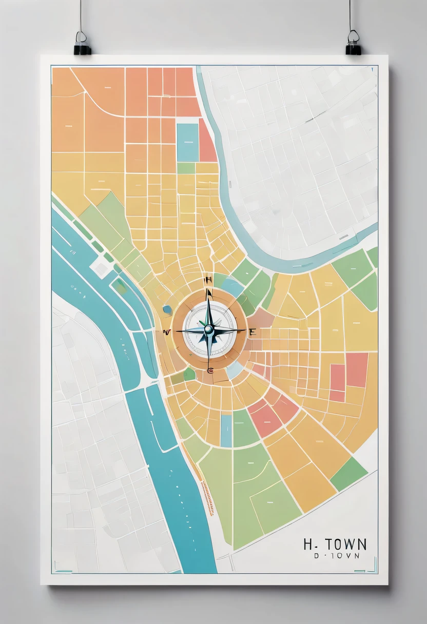 D city H town map hand drawn,simple lines,floor plan,Minimalism,lots of white space,color,direction label,compass