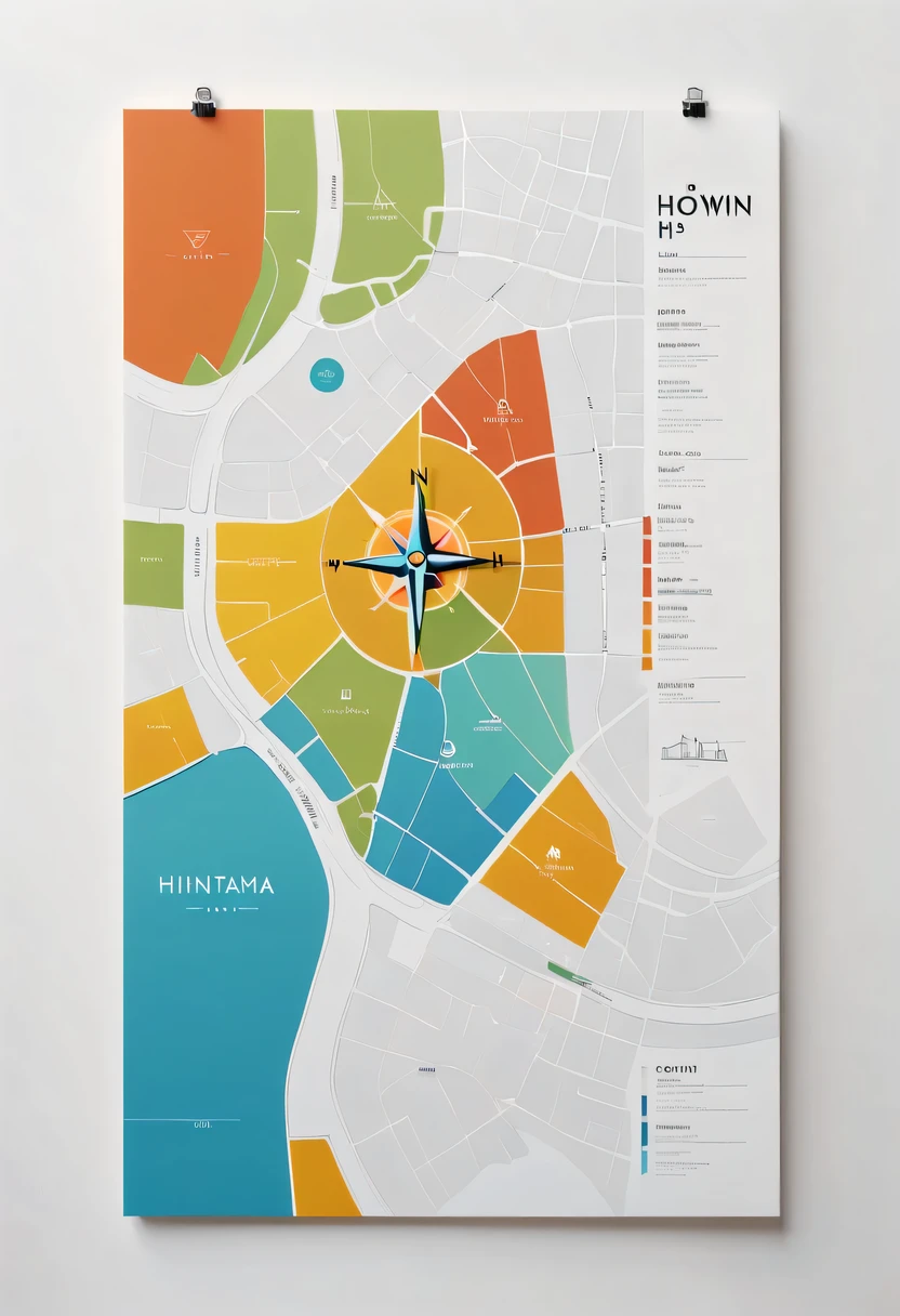 D city H town map hand drawn,simple lines,floor plan,Minimalism,lots of white space,color,direction label,compass