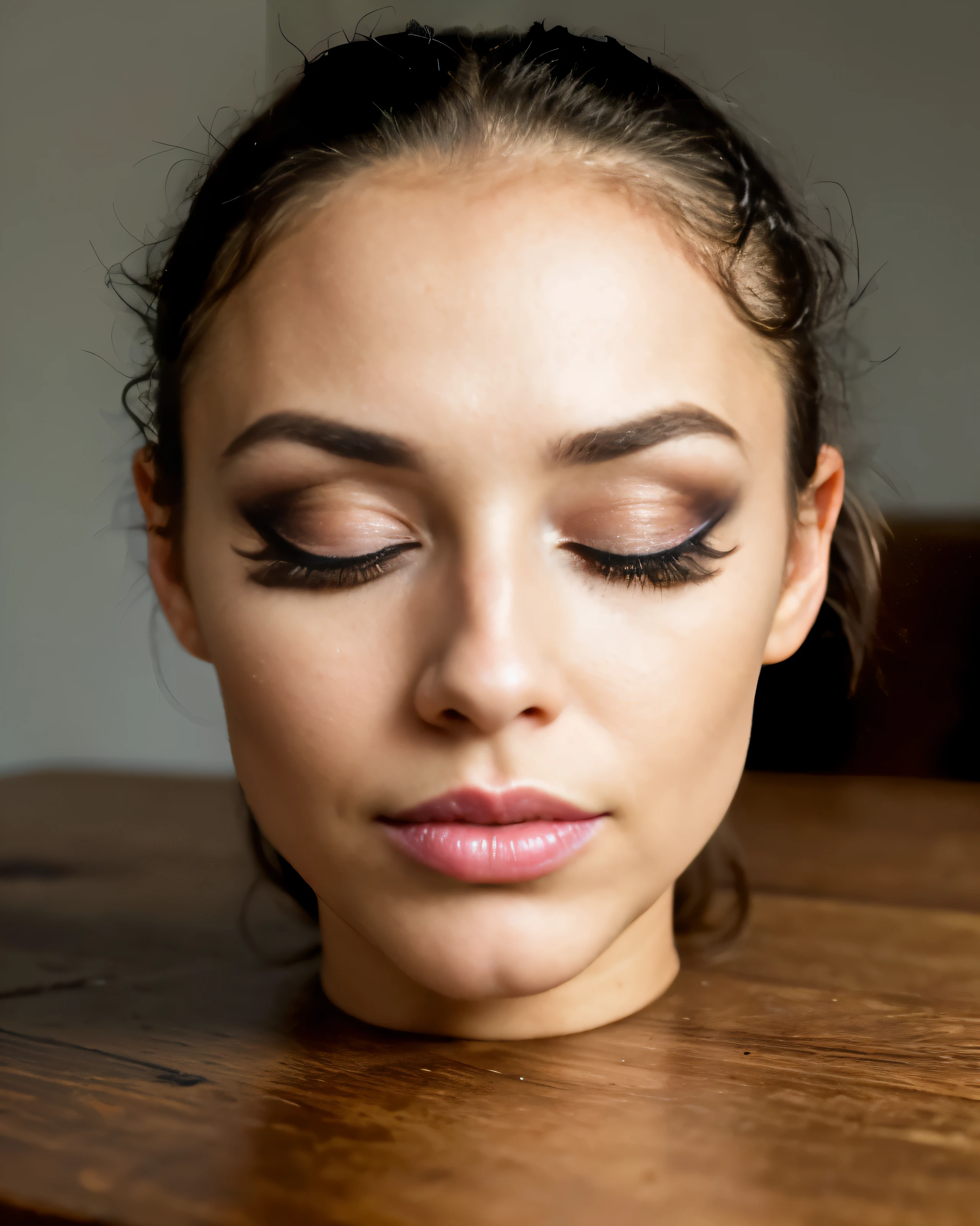 ((disembodied head on table)), Lauren, ((wearing makeup)), highly detailed skin, (eyes closed), (realistic), realistic lighting, (best image, best quality)