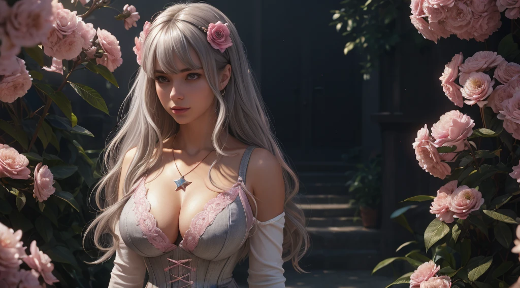 1girl, tmasterpiece，best qualtiy，highly detailed，cinmatic lighting，Ray traching，available light，cinematic compositions，CG，GameCG，bluntbangs，extremely detailed eyes and face，s the perfect face，shiny skins，largeeyes，looking at viewert，big breasts beautiful，Very long hair，UHD，8k，light grey hair，（GameCG），Pink eyeshadow，crewneck，crewneck，Big breasts corset，mediuml breasts，slimification，Oval shaped face，鎖骨， Star necklace， pink flowers that， skintight jeans，1girll，mediuml breasts， long whitr hair， By bangs， hair straight， vests， exteriors， watered eyes， butterfly hair ornaments， Star necklace， back to look back