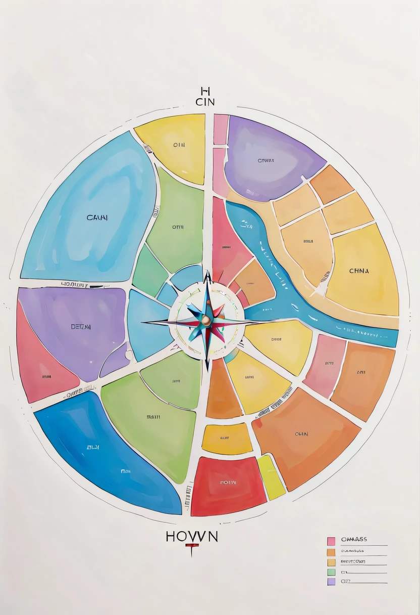 D city H town map hand drawn,simple lines，floor plan，Minimalism，lots of white space，color，direction label，compass