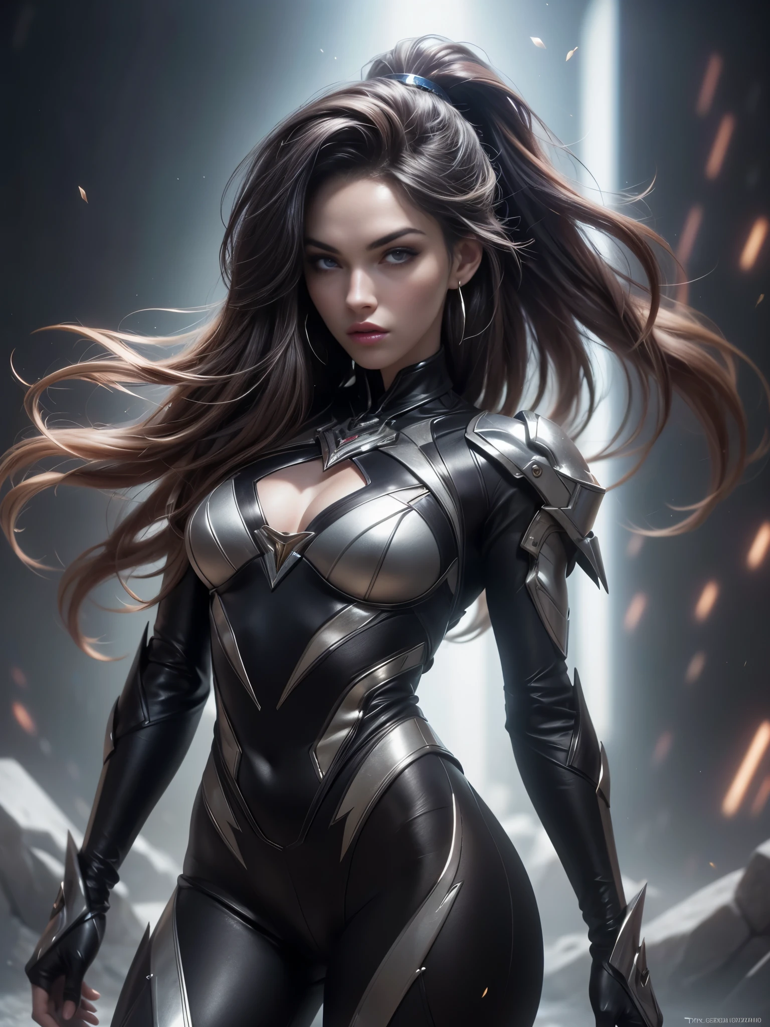 Cinematic, clear facial features and insanely detailed, it captures the essence of the woman (Megan Fox) with breathtaking beauty. The color grading is beautifully done, enhancing the overall cinematic feel. Unreal Engine brings her to life, her appearance even more mesmerizing. With the use of depth of field (DOF), every detail is focused and accentuated, drawing attention to her eyes and hair. The image resolution is at its peak, utilizing super-resolution technology to ensure every pixel is perfect. Cinematic lighting enhances her aura, while anti-aliasing techniques like FXAA and TXAA keep the edges smooth and clean. Adding realism to the robot-like body suit, RTX technology enables ray tracing, it look as if it's actually there. Additionally, SSAO (Screen Space Ambient Occlusion) gives depth and realism to the scene, the girl's presence even more convincing. In the post-processing and post-production stages, tone mapping enhances the colors, creating a captivating visual experience. The integration of CGI (Computer-Generated Imagery) and VFX (Visual Effectrings out her robotic features in a seamless manner. SFX (Sound Effects) complement the visual artistry, immersing the viewer further into this fantastic world. The level of detail is awe-inspiring, with intricate elements meticulously crafted, the artwork hyper maximalist and hyper-realistic. Volumetric effects add depth and dimension, and the photorealism is unparalleled. The image is rendered in 8K resolution, ensuring super-detailed visuals. The volumetric lightning adds a touch of magic, highlighting her beauty and aura in an otherworldly way. High Dynamic Range (HDR) technology makes the colors pop, adding richness to the overall composition. Ultimately, this artwork presents an unreal, yet stunningly real portrayal of an incredibly beautiful girl. The sharp focus ensures that every feature is crisply defined, leaving the audience captivated by her presence. --v testp