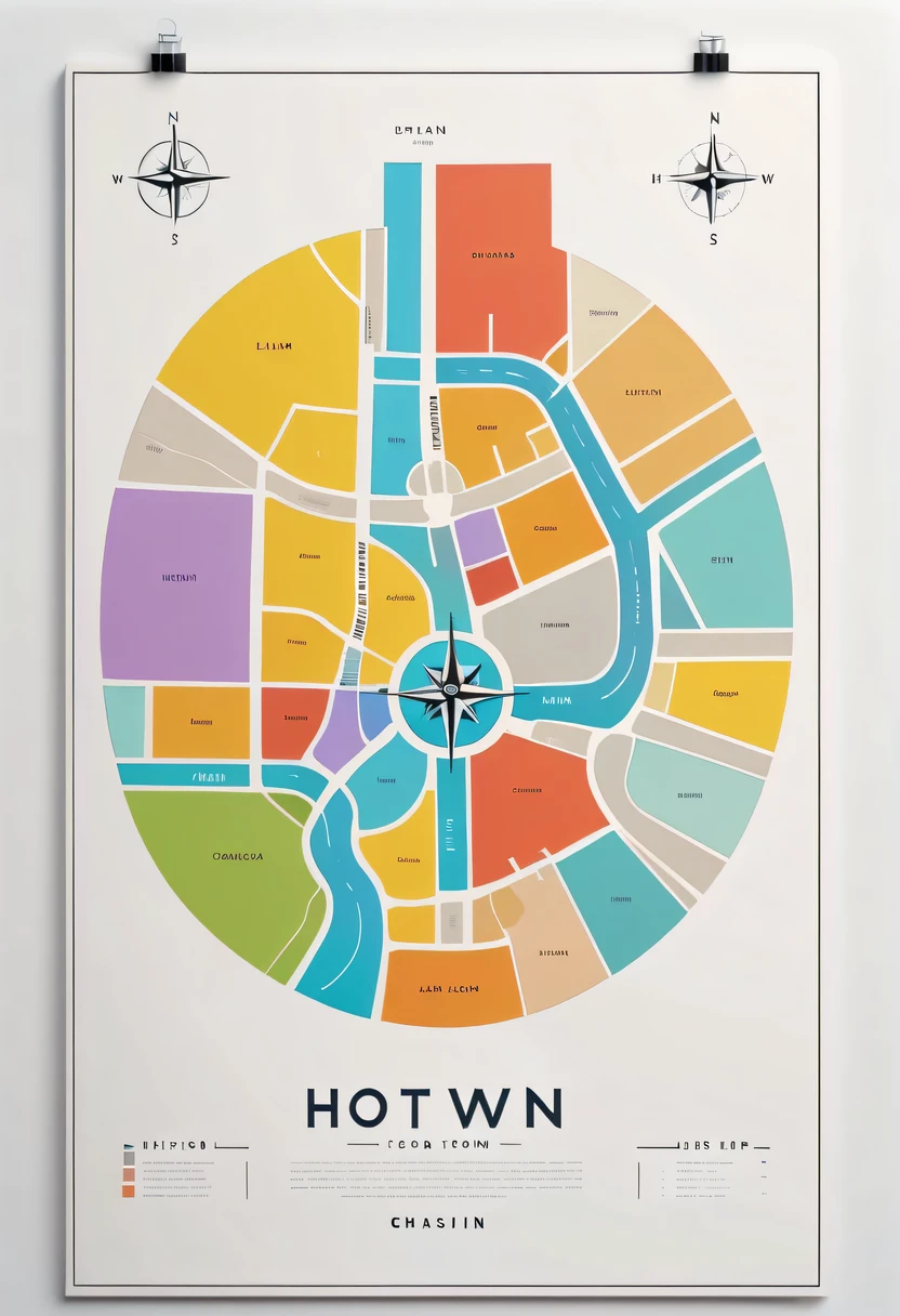 D city H town map hand drawn,simple lines,floor plan,Minimalism,lots of white space,color,direction label,compass