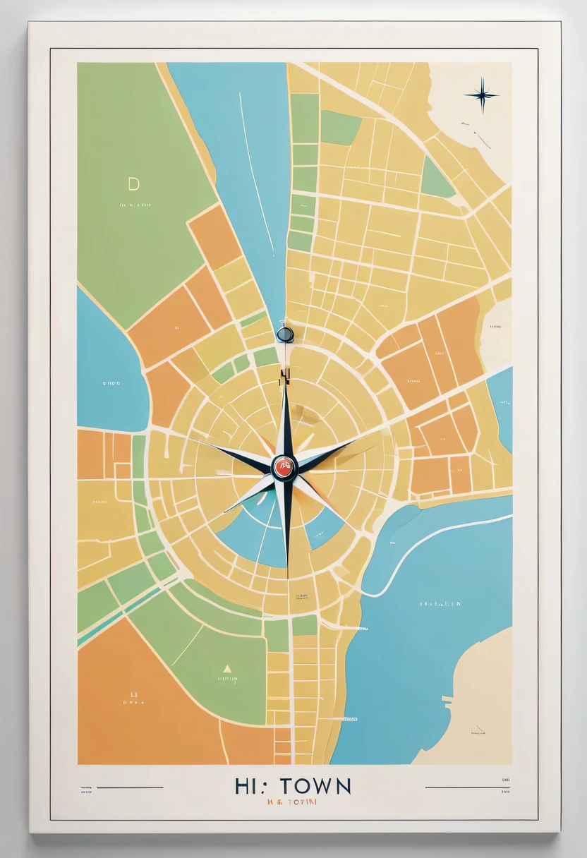 D city H town map hand drawn,simple lines，floor plan，Minimalism，lots of white space，color，direction label，compass