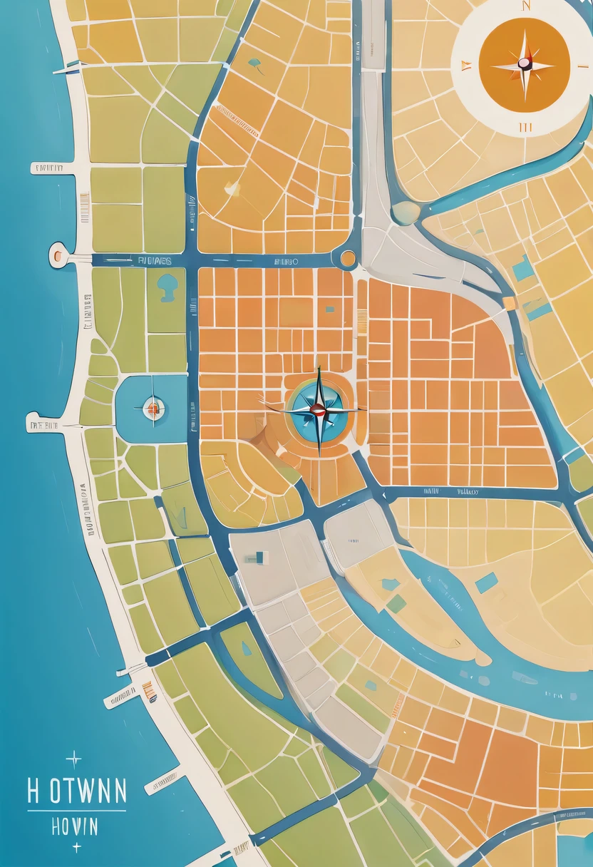 D city H town map hand drawn,simple lines,floor plan,Minimalism,lots of white space,color,direction label,compass