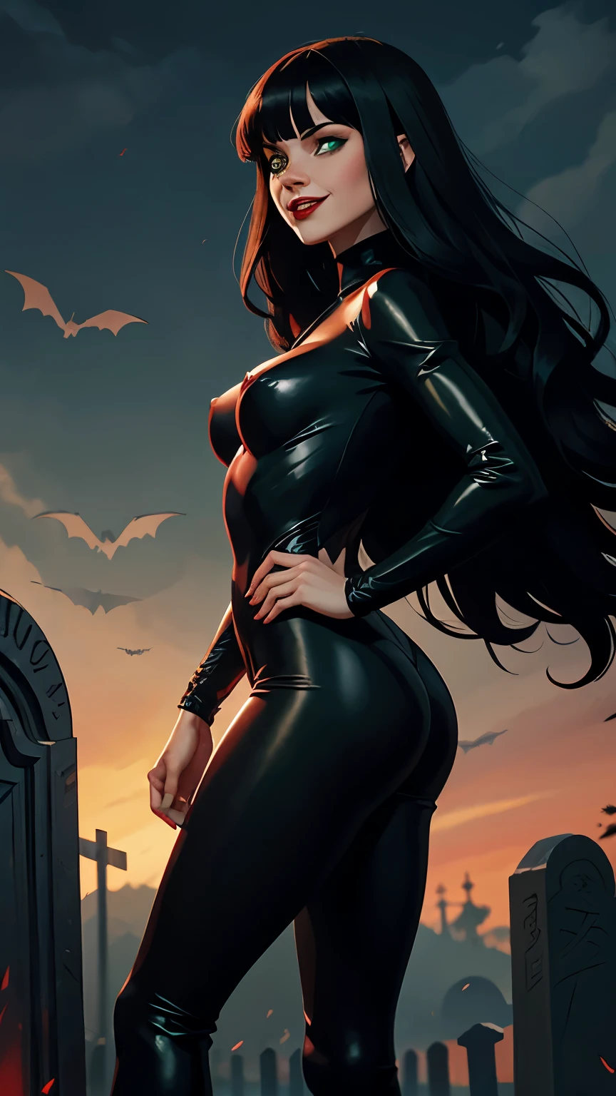 woman, white skin, green eyes, black hair, wavy hair, straight hair, bangs, long hair, cemetery at night, blood in mouth, red body suit, red boots, standing, terror, deep neckline, marked nipples, smiling, looking at camera, red lips, athletic, bats, scary atmosphere, shot from behind.