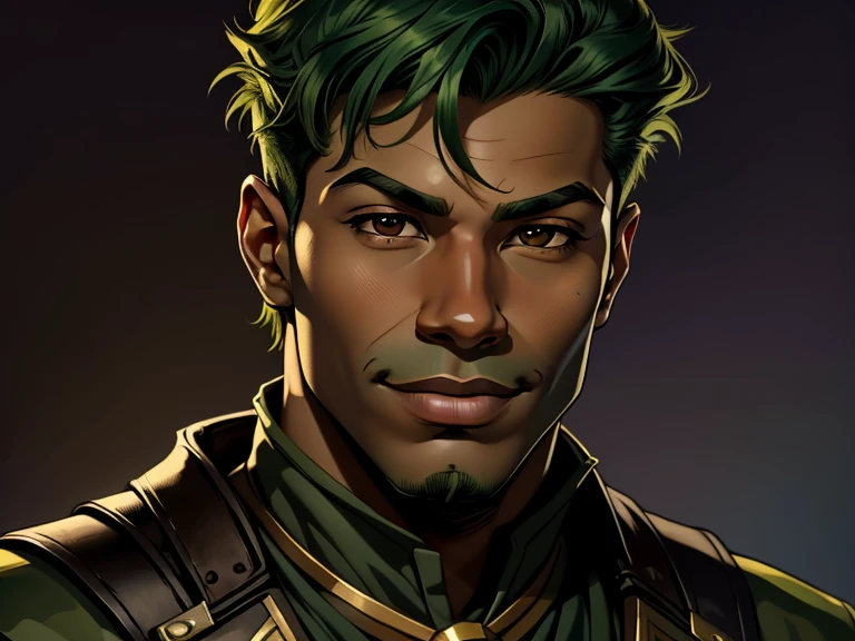 masterpiece, best quality, realistic, 1boy, black male, quiet and charming young boy, 18 year old, a smirk, closed mouth, ((black skin)), portrait, extremely detailed face, cold and smirk, ((brown eyes)), ((Green hair)), [thick eyebrows], dark palace, ((soldier)), dim light, background