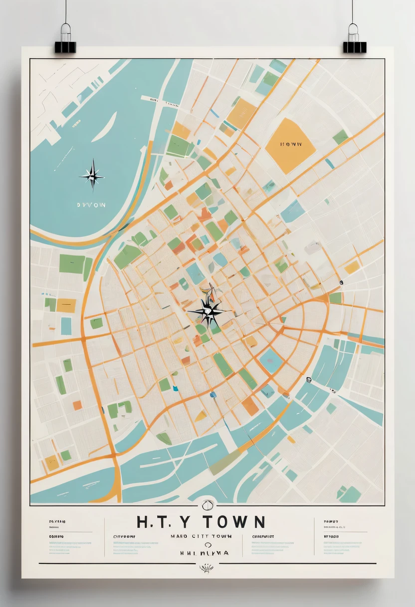 D city H town map hand drawn,simple lines,floor plan,Minimalism,lots of white space,color,direction label,compass