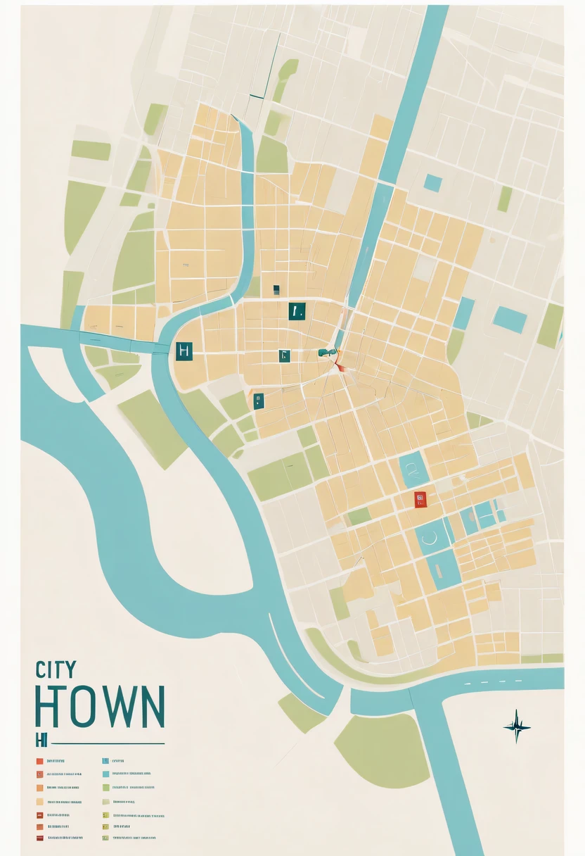 D city H town map hand drawn,simple lines，floor plan，Minimalism，lots of white space，color，direction label，compass
