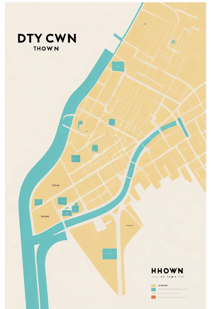 D city H town map hand drawn,simple lines，floor plan，Minimalism，lots of white space，color，direction label