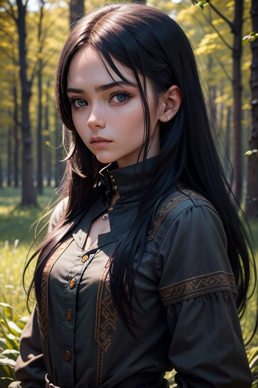 [obra maestra] [18 Years Old nordic Female Fashion model] [cabello ????? largo] [vestido como un guerrero vikingo al estilo] [Bored expression on Face][entorno bosque oscuro y oscuro en el campo de batalla.] [type of illumination: natural lighting], extremadamente realista, 8k, detalles locos, detalles intrincados, beautiFully color graded,Escala de colores, Photography Editorial, tomada con una lente de 60 mm, ISO 300, F/4, 1/200th