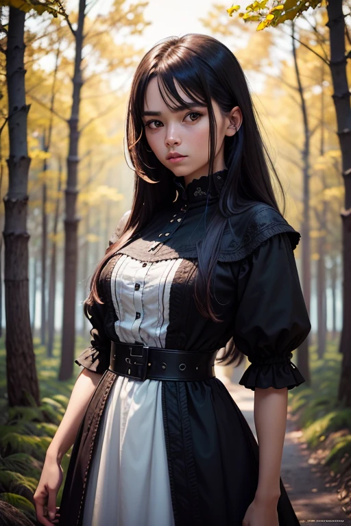 [obra maestra] [18 Years Old nordic Female Fashion model] [cabello negro largo] [vestido como un guerrero vikingo al estilo] [Bored expression on Face][entorno bosque oscuro y oscuro en el campo de batalla.] [type of illumination: natural lighting], extremadamente realista, 8k, detalles locos, detalles intrincados, beautiFully color graded,Escala de colores, Photography Editorial, tomada con una lente de 60 mm, ISO 300, F/4, 1/200th