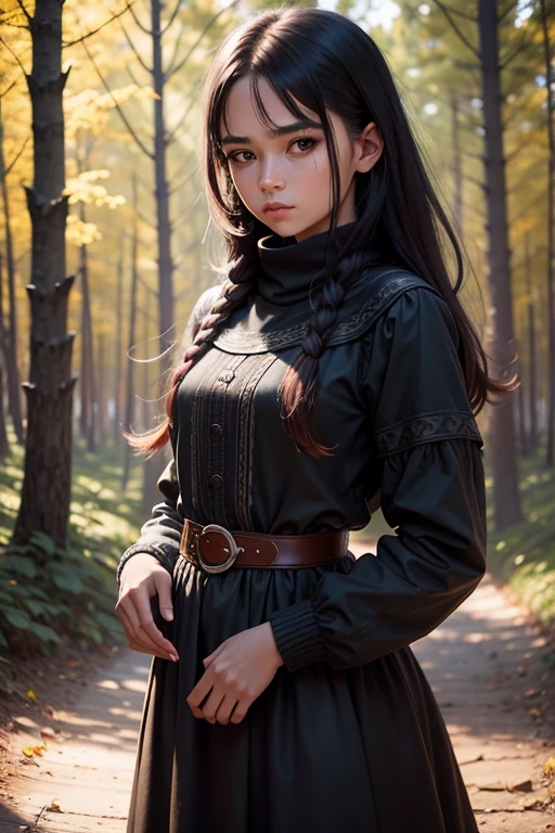 [obra maestra] [18 Years Old nordic Female Fashion model] [cabello negro largo] [vestido como un guerrero vikingo al estilo] [Bored expression on Face][entorno bosque oscuro y oscuro en el campo de batalla.] [type of illumination: natural lighting], extremadamente realista, 8k, detalles locos, detalles intrincados, beautiFully color graded,Escala de colores, Photography Editorial, tomada con una lente de 60 mm, ISO 300, F/4, 1/200th