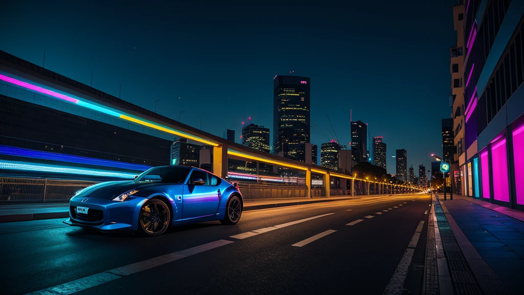 hipercoches cyberpunk, colores suaves, Humo de color arremolinado, leyenda, paisaje urbano, espacio, Nissan 350z,This is Madrid, un poema en cada calle,
Where the heart beats to the rhythm of its detail.
Entre luces y sombras, la ciudad resplandece,
In the notes of this song, Madrid florece.