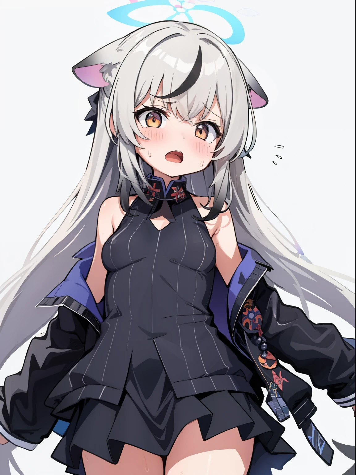 masterpiece, best quality, Super detailed, illustration,1 girl, black skirt, black jacket, blush, breast, Clothes tailoring, skirt, Flying beads of sweat, halo, jacket, Kocona, long sleeves, looking at the audience, open mouth, simple background, alone, Upper body, White background