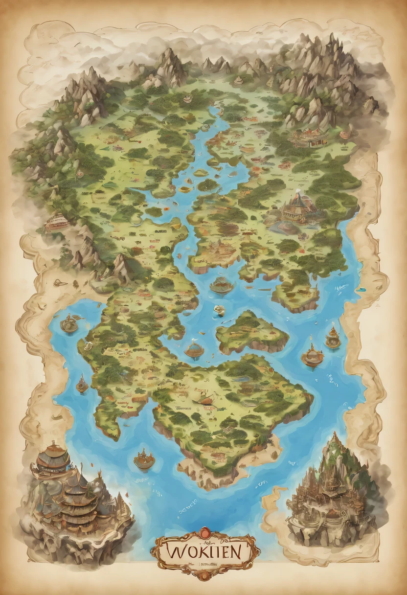 Draw a map, world, 中土world Tokkien world风格, several small continents, fantasy world