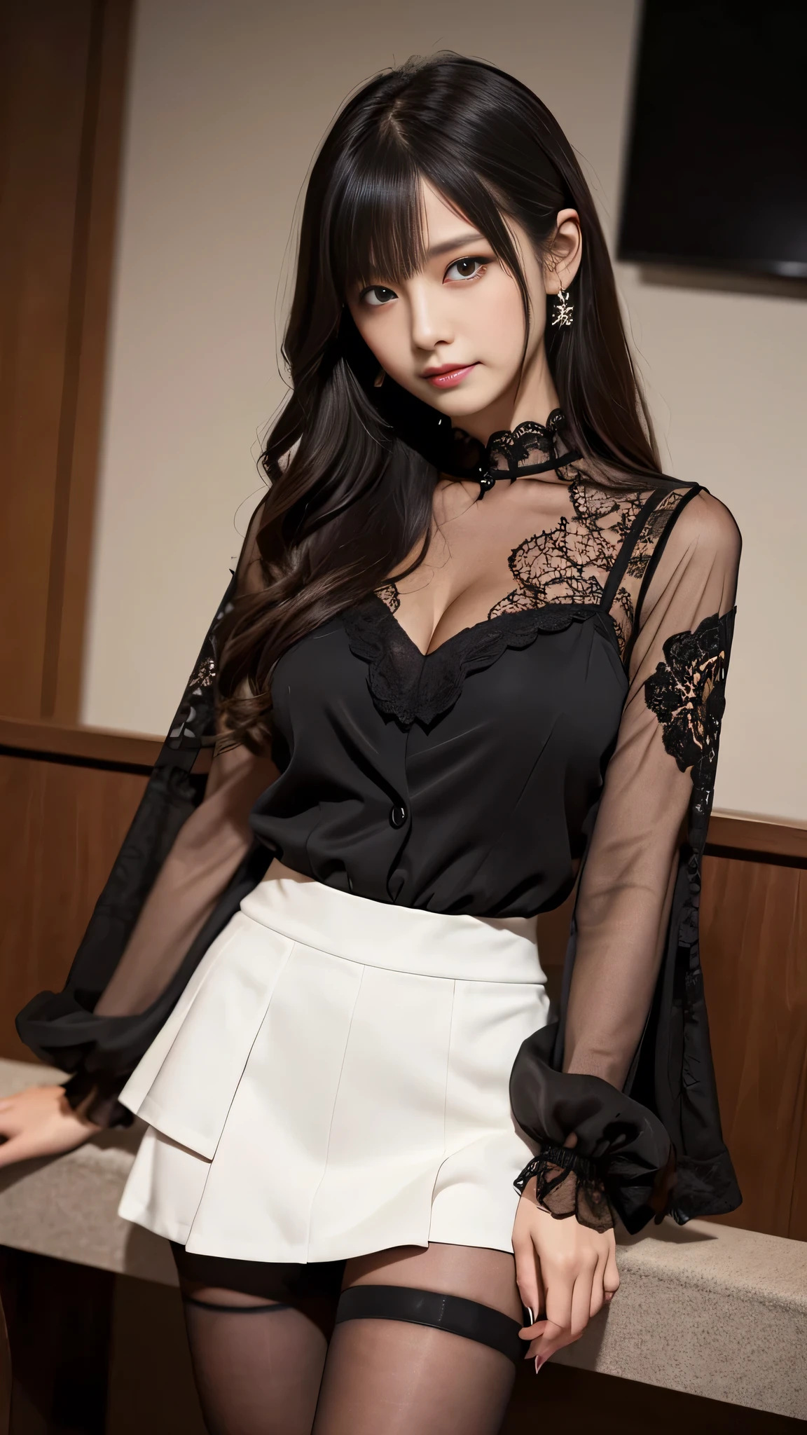 Super detailed、Japanese、charming beauty、seductive adult woman、Dainty woman、sharp eyes、cool girl、wavy hair、suit、Black chiffon、lacy fabric、wide sleeve、Jacket、white blouse、flare skirt、pantyhose、Shiny legs、evilの幹部、evil depravity、brainwashing、Mind control、left hand holding lips、grin、邪evilなな表情、evil、empty eyes、邪evilな、Church of Darkness、seductive pose、