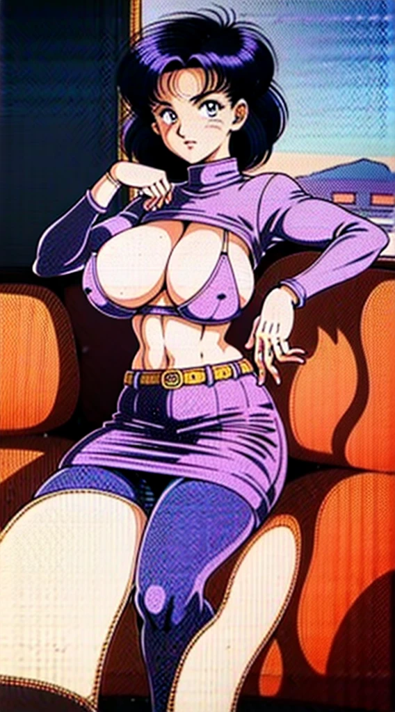 1990s, (masterpiece), high-definition, detailed face, korean girl, abs, (big tits: 1.4) big hips, messy (dark purple and blue hair), orange eyes, grey turtleneck sweater, jacket, (red tight skirt: 1.3), belt, (thong: 1.4), thigh high stockings, boots, fishnet, living room, sitting on a couch, sunset