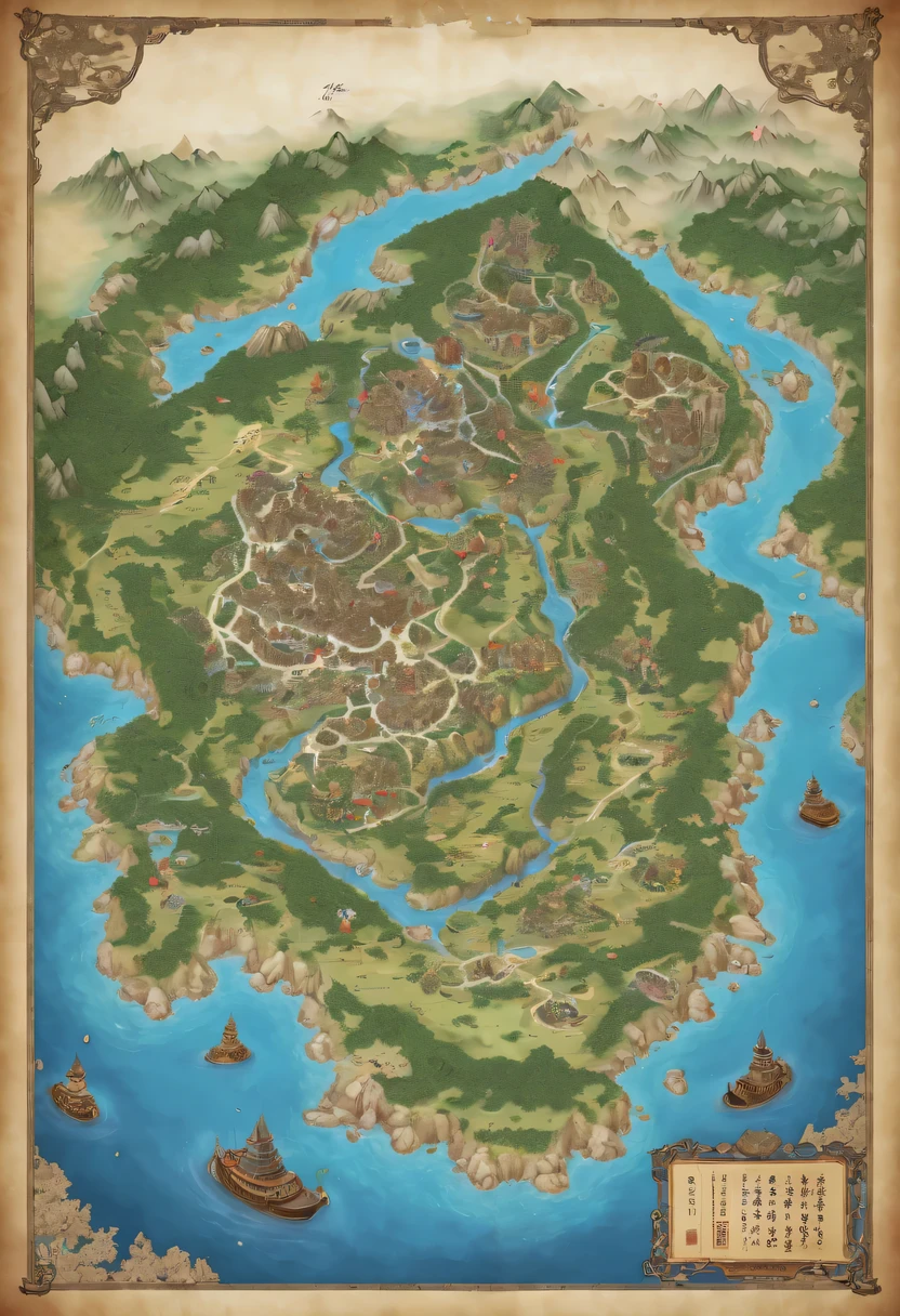 Close-up of a map of a small island with lots of water, fantasy map, fantasy map detalhado, 等距fantasy map, d&d style fantasy map design, fantasy map simples, fantasy world map, Fantasy area map, fantasy map, patrain map, Steam workshop map, Fantasy cartography, map, Based on geographical map, Very detailed map