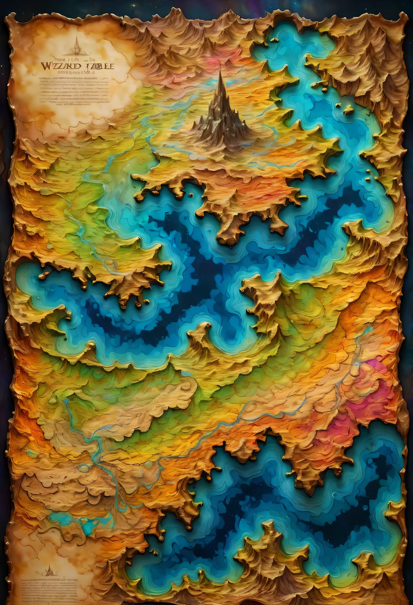 amazing topographic map,archaic,well worn,sit next to the mage'steady,it'covered in bright ink(best quality,4K,8k,high resolution,masterpiece:1.2),full of imagination、fantasy art、Vibrant colors and 8k resolution。