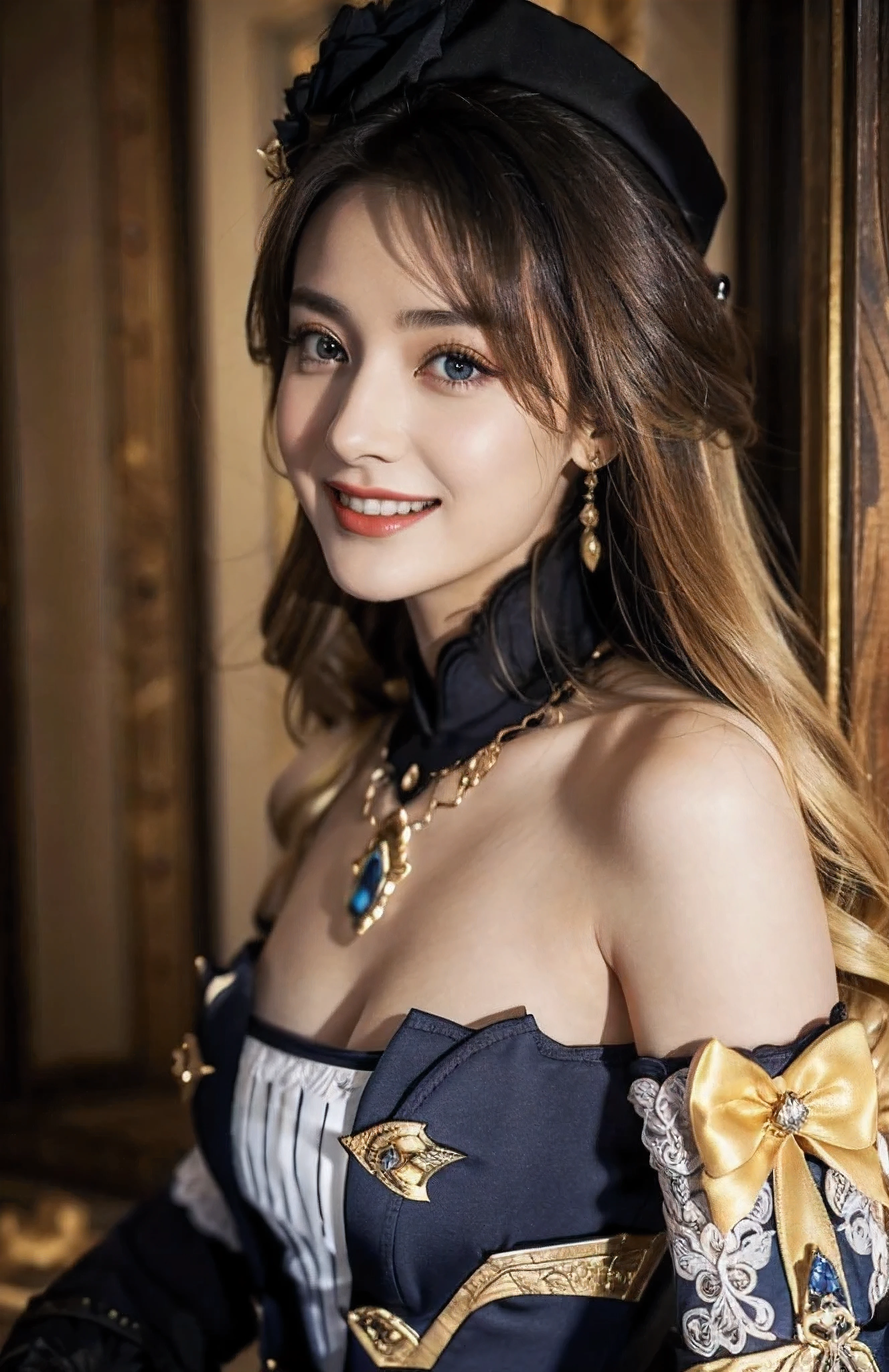 18-year-old girl, people portrait, (smile), (off shoulder), 
navia /(genshin impact/), (looking at viewer), (cleavage, breasts), blue diamond necklace, 
(ornate dress, a navy, white, and black bodice), sleeveless low-cut bodice, golden decorations, open back, extremely beautiful face, detailed face, detached sleeves, white ruffles, navy bows on sleeves, off the shoulder puff trimmed with black lace, white ruffles and navy and yellow bows , long hair, curly hair, golden hair, blonde hair, tighter-fitting sleeves with golden decorations and blue stones, 
black and yellow long skirt, long train, open skirt at front, 
masterpiece, best quality,highres, 1girl, navia, black headwear, wariza, bare shoulders，sufficient light, 85mm, Canon, f/2.8, UHD,RAW,retina, masterpiece, ccurate, anatomically correct, textured skin, super detail, high details, high quality, award winning, best quality, highres, 8k,a girl,
 black thighhighs