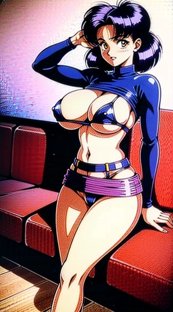 1990s, (masterpiece), high-definition, detailed face, korean girl, abs, (big tits: 1.4) big hips, messy (dark purple and blue hair), orange eyes, grey turtleneck sweater, jacket, (red tight skirt: 1.3), belt, (thong: 1.4), thigh high stockings, boots, fishnet, living room, sitting on a couch, sunset