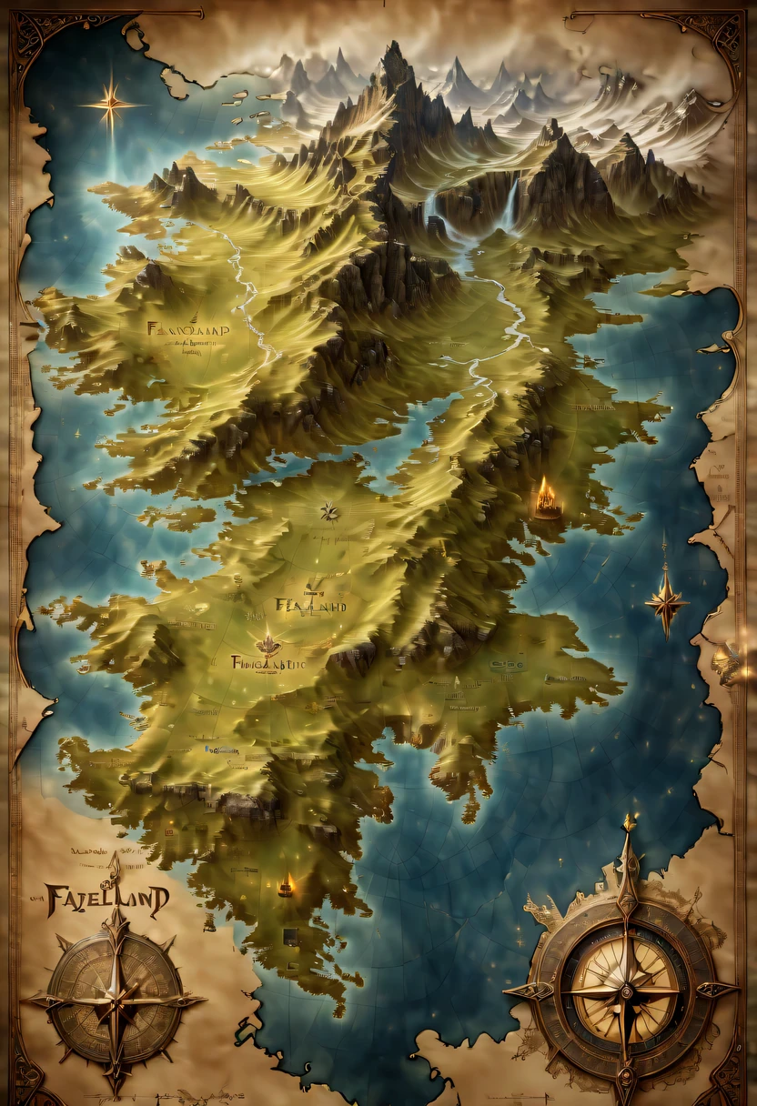(best quality,4K,8k,high resolution,masterpiece:1.2),Super detailed,(actual,photoactual,photo-actual:1.37),( The magical map leading to FAELAND, dilapidated:1.8), Sitting at the wizard&#39;s table, Vibrant ink, fantasy art, Imaginative landscape, ancient parchment texture, intricate illustration, faded edges, Mysterious aura, mysterious symbols, faded compass, Aged and weathered appearance, delicate brushstrokes, mysterious creature, intricate details, Hide the path, shabby corner, fantastic scenery, magical beings, mythical beast, ethereal light, Charming atmosphere, bright colors, luminous crystals, floating island, Fall, majestic mountains, A touch of magic, starry sky, secret passages, Winding paths, Ancient ruins, floresta exuberante, Hidden treasure, Flickering candlelight, An engaging adventure, Ancient spells, cloaked figure, spellbook, casting spells, burning spell effect, swirl, Sparkling portal, a whimsical illustration, mysterious creature, CaptivatingMusic, Handwritten notes, magical artifacts, Mystic Potion, old scroll, Ancient legends, epic quest, otherworldly realm, The possibilities are endless.