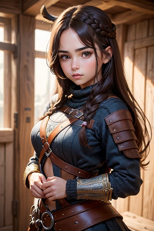 (Obra maestra, La mejor calidad) young 18 year old woman, Cabello largo, ojos azules, cabello rubio, brown hair, tenencia, boca cerrada, Parte superior del cuerpo, arma, trenza, al aire libre, tenencia arma, armadura vikinga, ropa vikinga, realista.