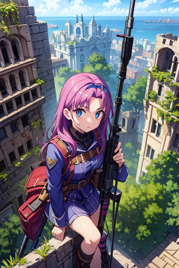 Franco-atiradora, Jinx watches from a high position in the ruins., holding a sniper rifle, pronta para ataques certeiros.