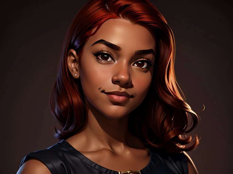 masterpiece, best quality, realistic, 1girl , quiet and charming , , a smirk, closed mouth, ((black skin)), round nose, portrait, extremely detailed face, cold and smirk, casual outfit, ((baby face))brown eyes)), ((Red hair)), [thick eyebrows], ((peasant)), dim light, Taylor background