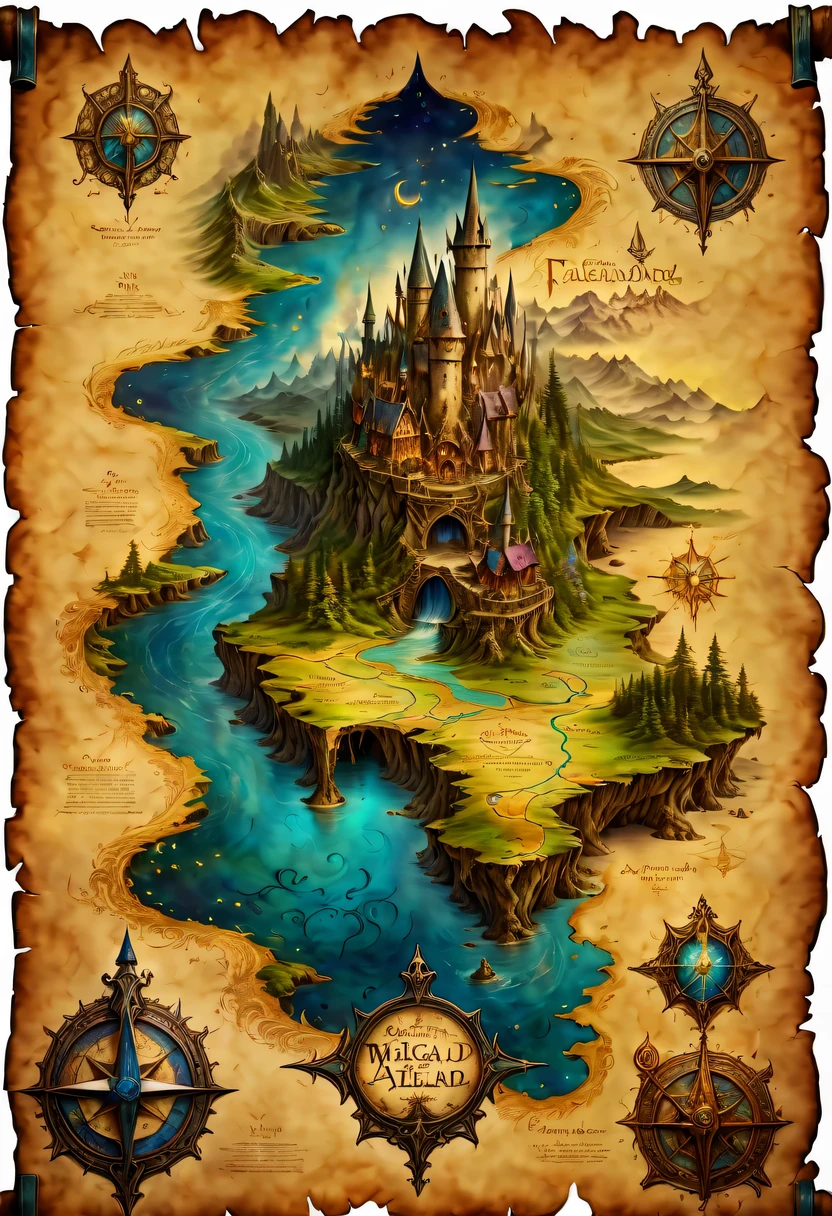 The magical map leading to FAELAND, Tear and wear with age, Sitting at the wizard&#39;s table, Vibrant ink, (best quality, 4K, 8k, high resolution, masterpiece:1.2), full of imagination, fantasy art, bright colors, and 8k resolution.