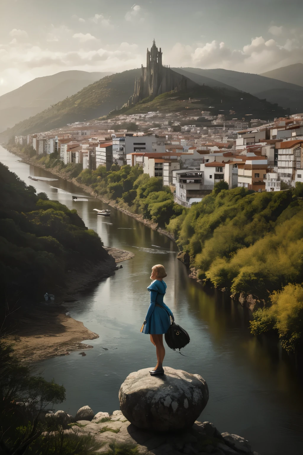 a cinderella standing on a rock looking at the miño river in the background, the city of ourense, Wide angle fantasy art, inspirado por Mike Winkelmann, epic Surrealismo 8K oil painting, pitido y mike winkelmann, Surrealismo 8K, Symmetrical epic fantasy art.., realismo | pitido, cinematic pitido, pitido art