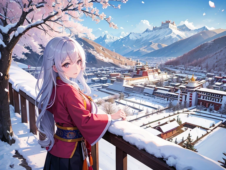 scenery, potala palace, blossoming cherry trees, traditional Tibetan palace, from a distance, mountains, snowing, asian girl