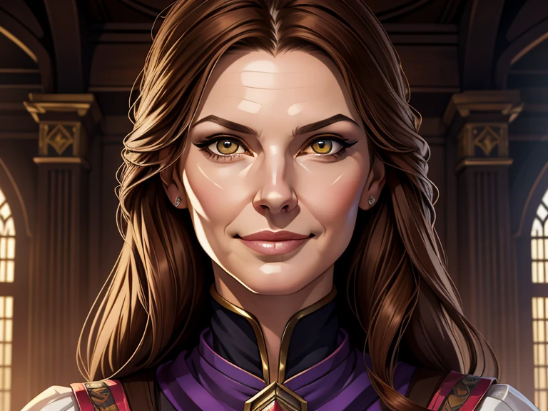 masterpiece, best quality, realistic, 1woman, mature female, quiet and charming woman, 30 year old, a smirk, closed mouth, High cheekbones, white skin, portrait, extremely detailed face, cold and smirk, ((Amber eyes)), (( Brown hair)), [thin eyebrows], dark palace, ((Healer)), dim light, evil, Library background