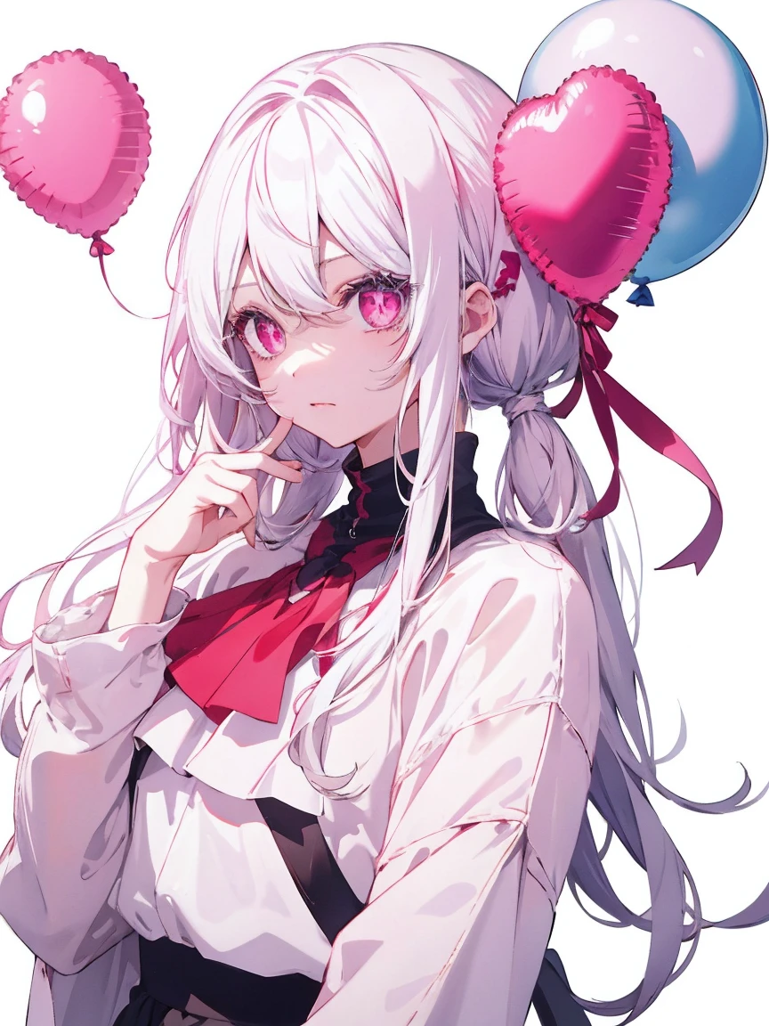 1 girl、white hair、Pink eyes、long hair、Mine series、balloon、white background、simple background