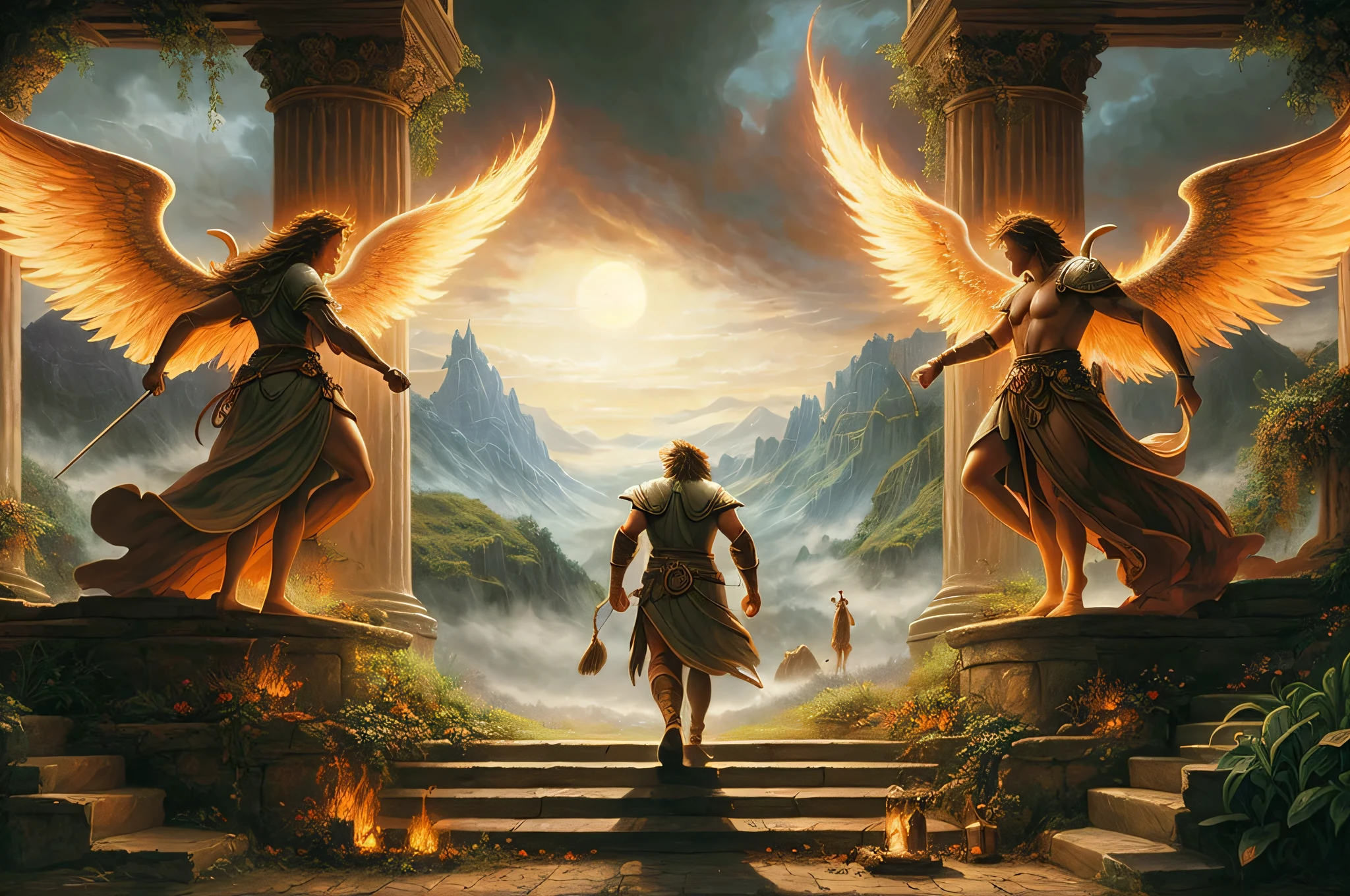A man walking towards a door with two statues of angels.., pintura digital mito griego, Symmetrical epic fantasy art.., epic fantasy digital art style, Mythology illustrations, aparece como la diosa del fuego, HD Epic Fantasy Art Style, epic fantasy digital art, inspirado por Christophe Vacher, epic fantasy game art, epic scene of zeus, por Johfra Bosschart