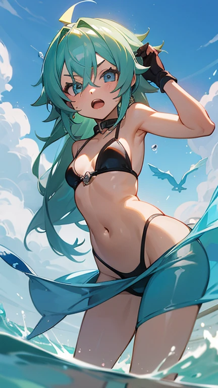 Masterpiece, best quality, A girl slime, Roxy Greyrat from Mushoku Tensei, open mouth, bikini