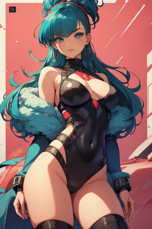 Most beautiful lady ever, mixture of Bulma Briefs from Dragonball and Faye Valenting from Cowboy Beebop, no background, sexy poses, , stylized, sexualized, warframe thighs, 90s glamour magazine cover, sheer mesh top