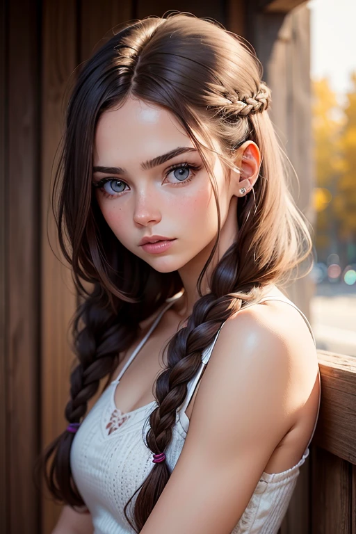 (Obra maestra, La mejor calidad) young nordic woman of 18 years, Cabello largo, ojos azules, cabello rubio, brown hair, tenencia, boca cerrada, Parte superior del cuerpo, arma, trenza, al aire libre, tenencia arma, realista.