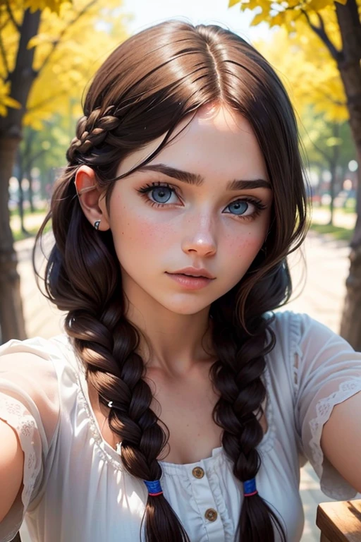 (Obra maestra, La mejor calidad) young nordic woman of 18 years, Cabello largo, ojos azules, cabello rubio, brown hair, tenencia, boca cerrada, Parte superior del cuerpo, arma, trenza, al aire libre, tenencia arma, realista.