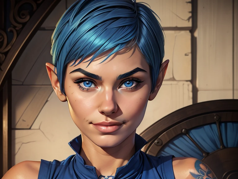 masterpiece, best quality, realistic, girl , quiet and charming , 17 year old, a smirk, closed mouth, ((tan skin)), round nose, portrait, extremely detailed face, cold and smirk, ((tattoo on neck)), ((blue eyes)), ((Blue pixie cut hair)), [thick eyebrows], ((peasant)), Blue uniform, dim light, background