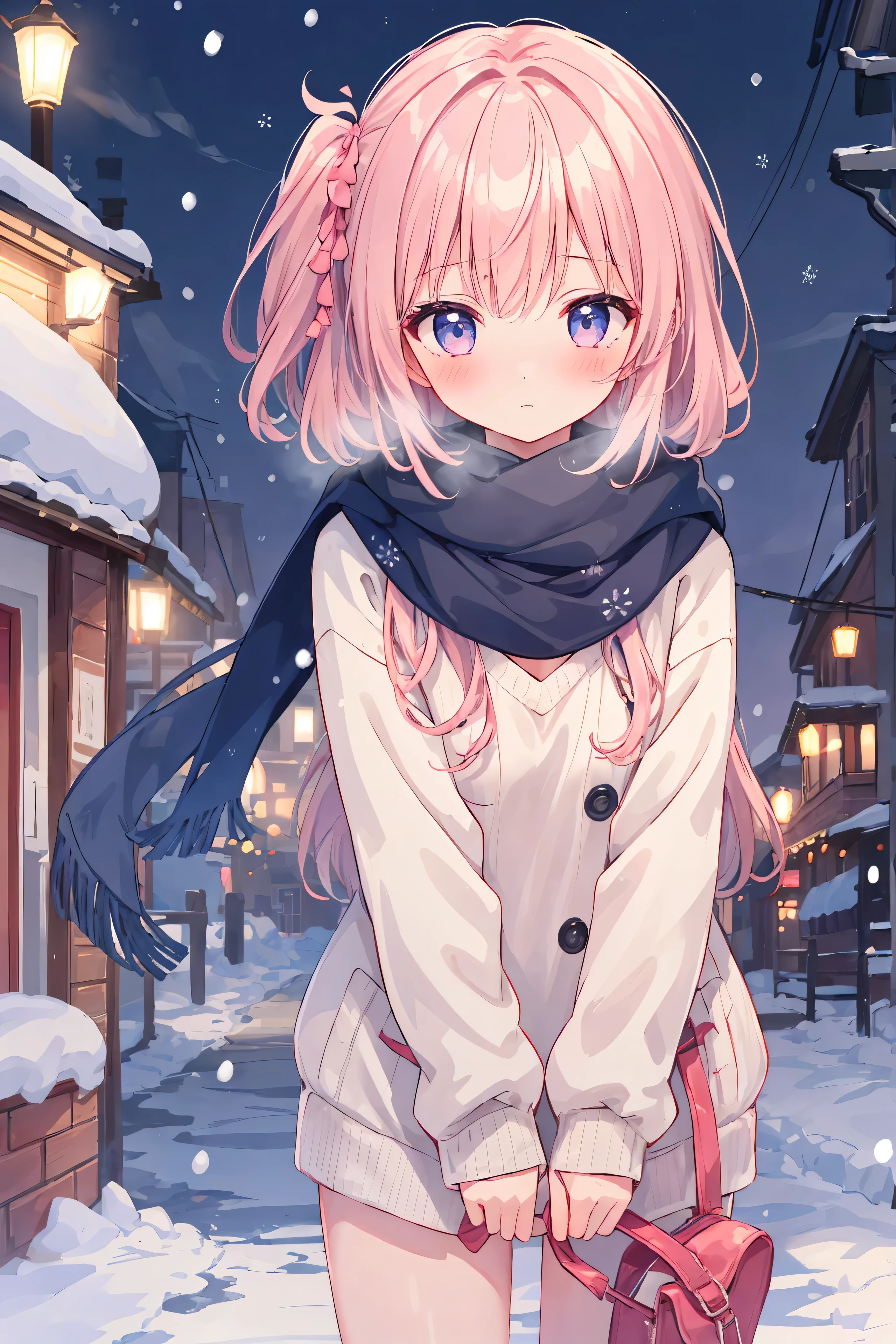 1fille, pull-over, Timide, rougir, ville enneigée, nuit, Regarder la visionneuse, Foulard